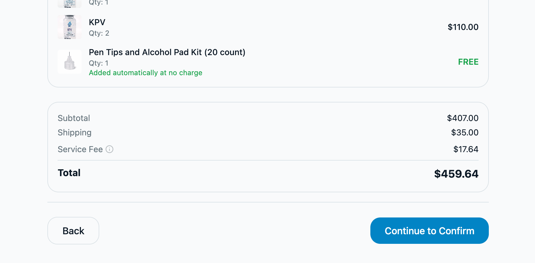 Old checkout, review step, lower half
